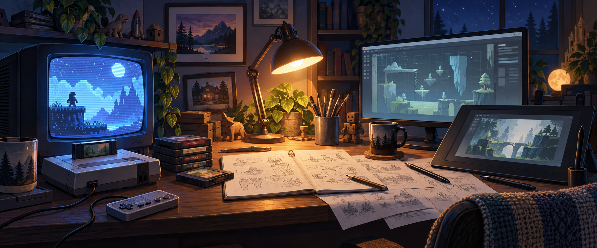Original illustration of retro game equipment beside modern game design tools