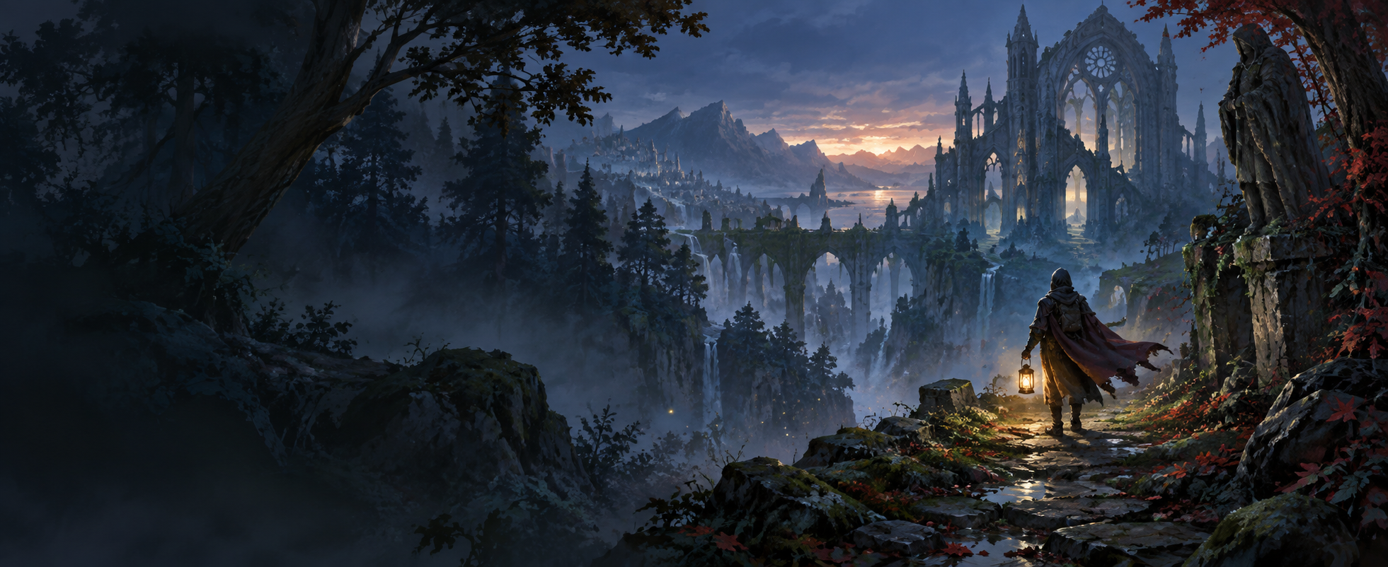 Original concept art showing a traveler with a lantern in a misty fantasy landscape